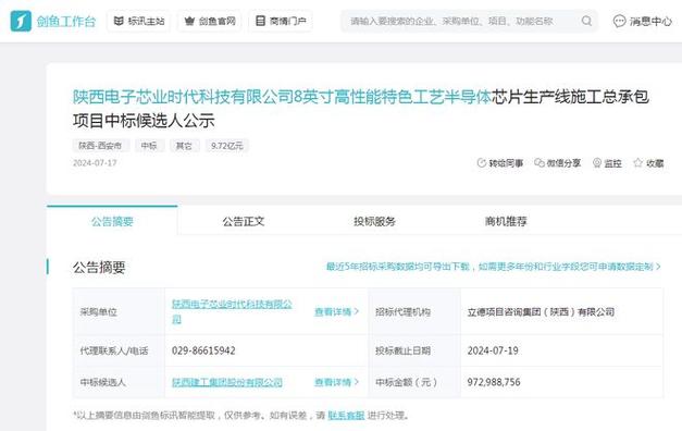 陕西电子芯业8英寸高机能半导体芯片分娩线项目中标公示 人工智能 陕西电子芯业8英寸高机能半导体芯片分娩线项目中标公示 陕西电子芯业8英寸高机能半导体芯片分娩线项目中标公示 人工智能